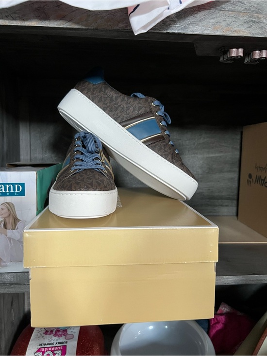 Michael Kors Shoes - Michael Kors Brown Logo Low-Top Sneakers with Blue Accents